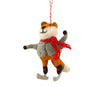 Felted fox ornament with a red scarf and wearing skates, on a white background