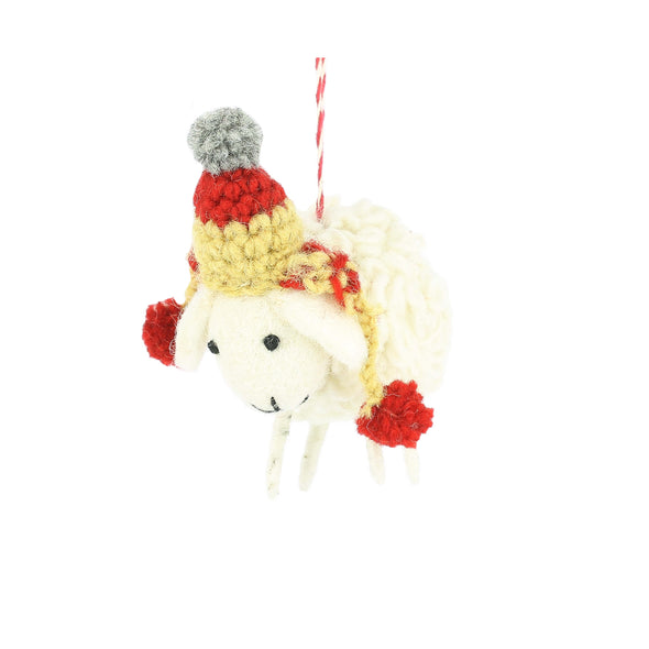 Wool sheep decoration with a colourful, pom pom hat