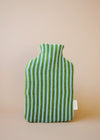 Knitted hot water bottle cover in light blue and green stripes.