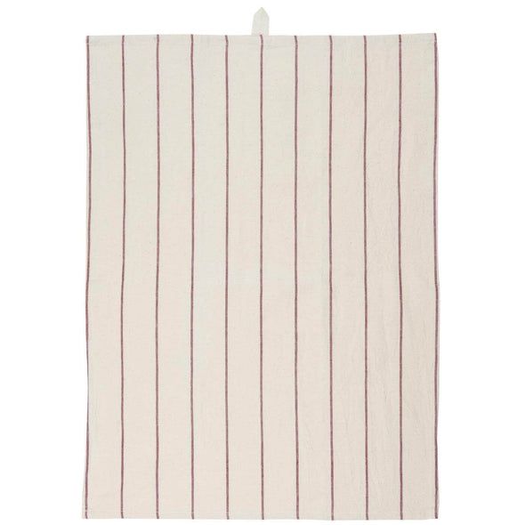 A cream kitchen towel with a thin red stripe.