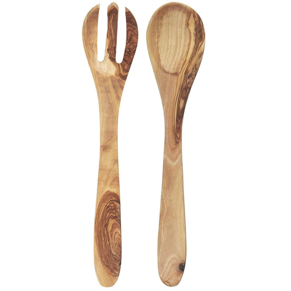 A pair of wooden salad servers. One is in the shape of a fork and the other a spoon.