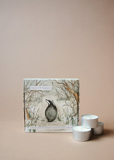 Square box featuring an illustration of a badger surrounded by plants and trees. Three tea lights sit next to the box.