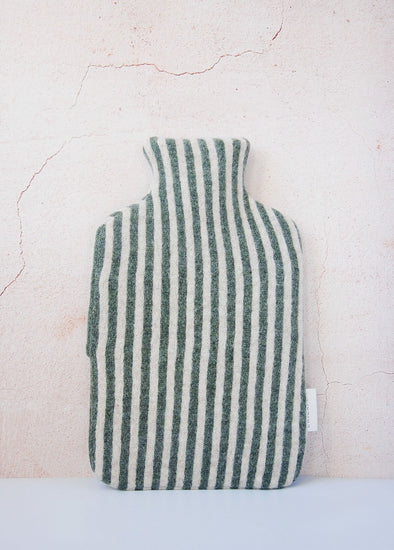 Knitted lambswool hot water bottle with vertical stripes in green and white. Height thirty four centimetres, width twenty centimetres.