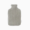 Knitted lambswool hot water bottle with vertical stripes in green and white. Height thirty four centimetres, width twenty centimetres.