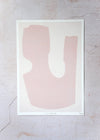 Print by Laurie Maun. Depicting a large abstract form in pale pink on a cream background, with a white border. Numbered by the artist in the corner.