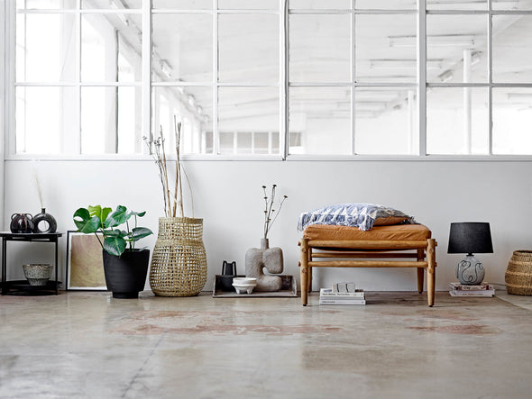 Interiors image showing a number of items lined up against a white wall with a huge window above. The items consist of a wooden bench with cushions on top, a lamp and various planters, vases and baskets. The floor is polished concrete.