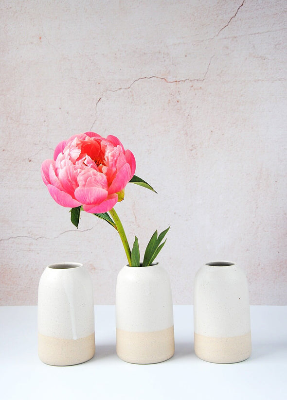 Three freckled ceramic bottle vases lined side by side in a row. The middle vase contains a single coral peony. The top two thirds of each vase are covered in a white glaze while the bottom is left raw. Each vase is 13cm high and 8cm wide (at base).