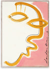Line painting by Loulou Avenue featuring an abstract face seen from the side. Yellow and black on white paper and partially pink background. Height forty centimetres, width thirty centimetres.