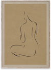 Figure line painting of a woman kneeling and facing away by design studio Lemon. Black on beige paper. Height forty centimetres, width thirty centimetres.