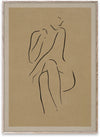 Figure line painting of a woman sitting cross legged by design studio Lemon. Black on beige paper. Height forty centimetres, width thirty centimetres.