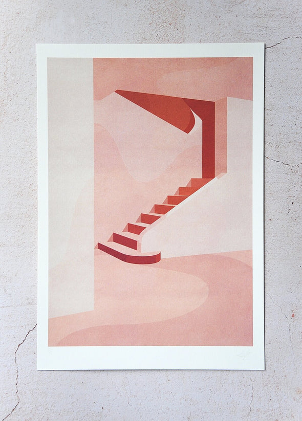 Print by Charlotte Taylor. Depicting a staircase and the surrounding walls in varying tones of pink. The print has a white border and is hand signed and numbered by the artist.