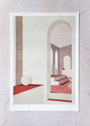 Print by Charlotte Taylor. Depicting the interior of a building, featuring stairs, arches and spherical balls. Various neutral colours of creams and greys have been used as well as terracotta reds. The print has a white border and is hand signed and numbered by the artist.