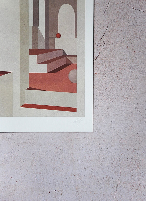 Close up of a corner of a print by Charlotte Taylor. Depicting the interior of a building, featuring stairs, arches and spherical balls. Various neutral colours of creams and greys have been used as well as terracotta reds. The print has a white border and is hand signed by the artist.
