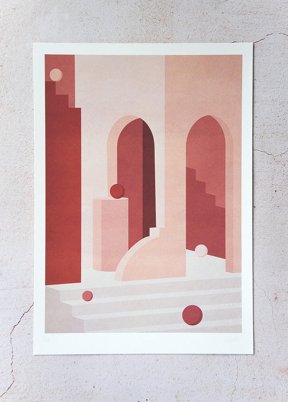 Print by Charlotte Taylor. Depicting an architectural image featuring stairs, arches, walls and spherical balls in pinks, reds and cream. The print has a white border and is hand signed and numbered by the artist.
