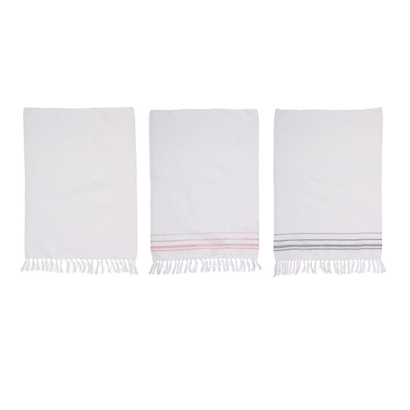 Set of three kitchen towels. All are white, one is plain, one has rose stripes and one blue/grey stripes. They have a waffle texture and tassels. Length seventy centimetres, width fifty centimetres.