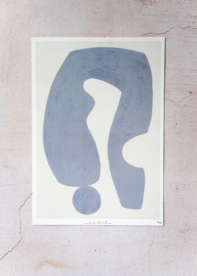 Print by Laurie Maun. Depicting a large abstract form in blue on a cream background, with a white border. Numbered by the artist in the corner.