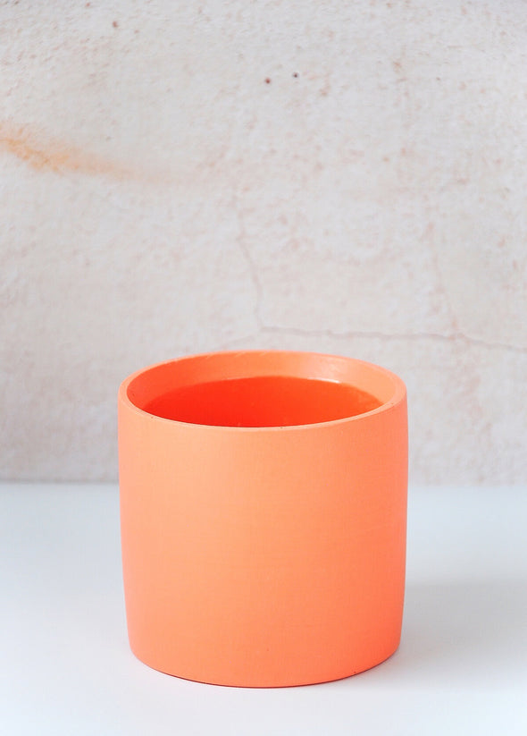 Solid orange planter, handmade by Salt Studios. Ten centimetres tall and ten centimetres wide.