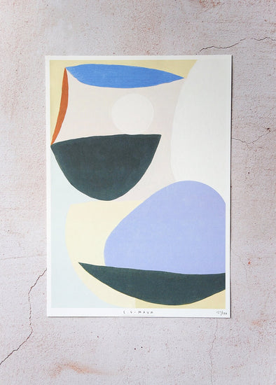 Print by Laurie Maun. Depicting an abstract form made up of curved shapes in colours of blue, yellow, black, brown, pale green and creams. The print features a white border and is numbered by the artist.