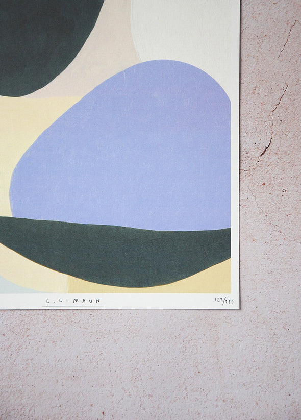 Close up of a corner of a print by Laurie Maun. Depicting an abstract form made up of curved shapes in colours of blue, yellow, black, brown, pale green and creams. The print features a white border and is numbered by the artist.