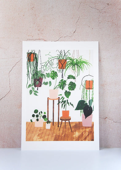 Art print by Rachel Victoria Hillis. Depicting a collection of potted green houseplants, some on the floor, some on stools and some hanging. The pots are pink, terracotta and brown, on a white background and wooden planked floor.