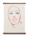 Line drawing of a face by Amelie Hegardt. Red crayon, and the eyes in blue watercolour, on white paper. Height forty centimetres, width thirty centimetres.