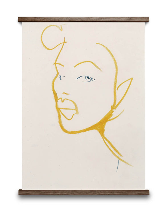 Line drawing of a face by Amelie Hegardt. Yellow crayon, and the eyes in blue watercolour, on white paper. Height forty centimetres, width thirty centimetres.