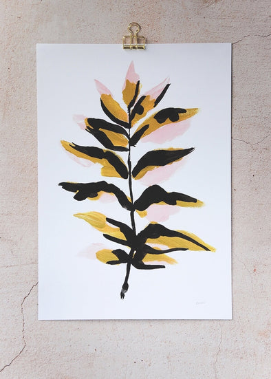 Print by Flo Lee. Depicting a foliage branch with leaves using the colours black, pale pink and ochre. Hand signed by the artist in the corner of the print.