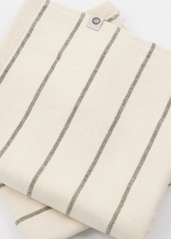 Close up of two folded hand towels in a cream and grey stripe design.