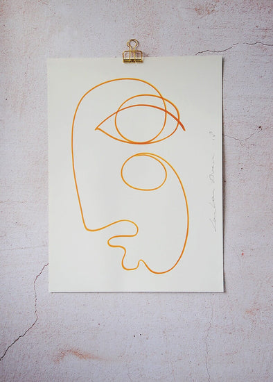 Line painting by Loulou Avenue featuring an abstract face seen from the side. Yellow on white paper. Height forty centimetres, width thirty centimetres.