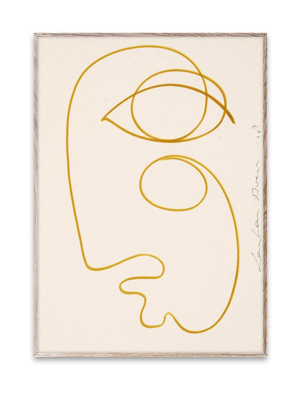Line painting by Loulou Avenue featuring an abstract face seen from the side. Yellow on white paper. Height forty centimetres, width thirty centimetres.