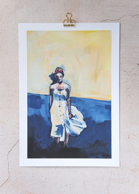 Print by Flo Lee. Depicting a woman in a summer dress on a blue and yellow background. Hand signed by the artist in the corner.