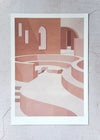 Print by Charlotte Taylor. Depicting an architectural scene featuring curved, stepped seating and walls with arched windows. Neutral creams as well as pinks and light browns have been used. The print has a white border and is hand signed and numbered the artist.