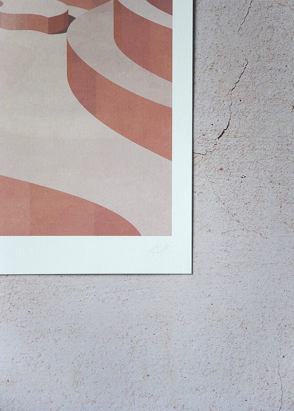 Close up of a corner of a print by Charlotte Taylor. Depicting an architectural scene featuring curved, stepped seating and walls with arched windows. Neutral creams as well as pinks and light browns have been used. The print has a white border and is hand signed by the artist.