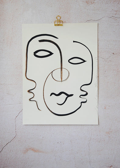 Line painting by Loulou Avenue featuring an abstract face from three sides. Dark brown on white paper. Height forty centimetres, width thirty centimetres.