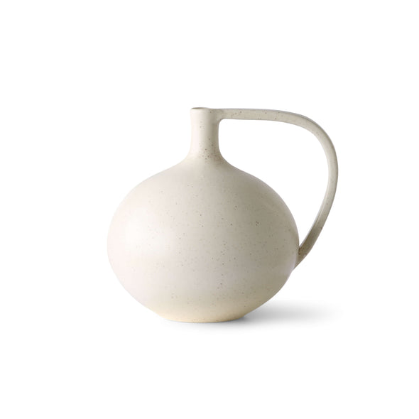 Round ceramic jar with handle, in a white speckled glaze. Height 19.5cm, length 20cm, width 18cm.