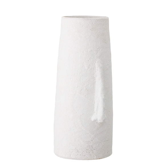 A playful yet simple nod to the abstract faces decorative style. Side view of this tall white vase which is made from terracotta and features a sculpted long nose down the front. Height forty centimetres, Width seventeen centimetres.