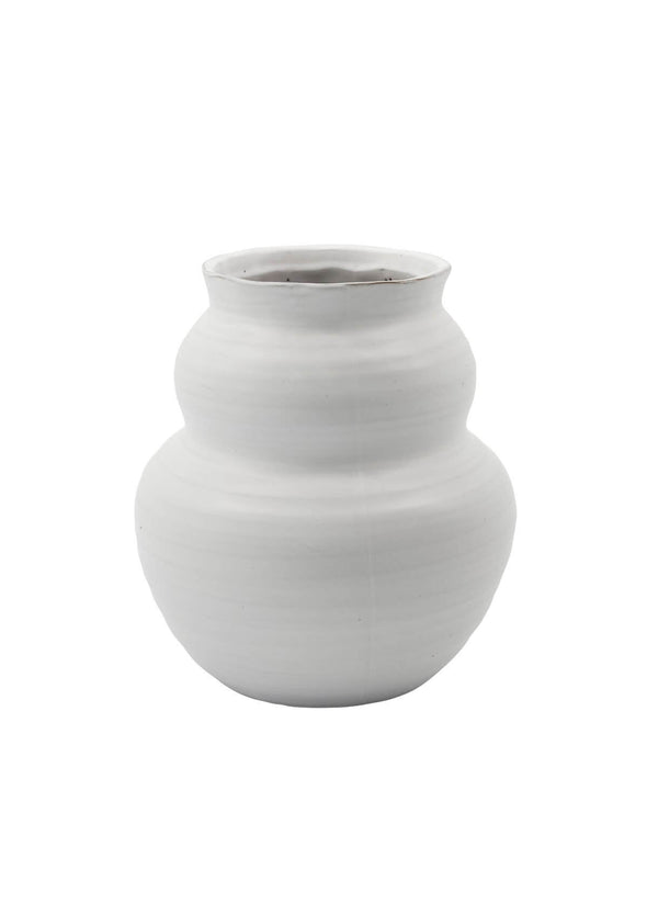 Ceramic vase with an organic rounded shape and simple white glaze. The vase is 19cm tall and 17cm wide